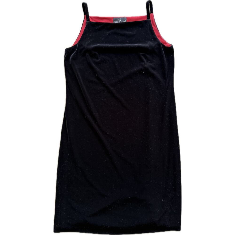 Vintage y2k 90s Square Neck Velvet‎ LBD Black Dress 12 Carole Little Red Lined